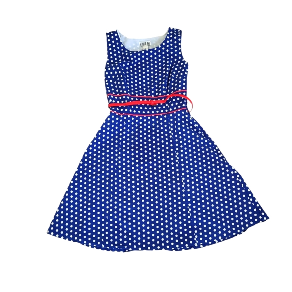 EUC vintage 80s Robbie Bee polka dot belted knee length cotton dress 6 white nav